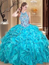 Perfect Scoop Sleeveless Floor Length Embroidery and Ruffles Backless Quinceanera Dresses with Aqua Blue