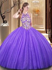 Clearance Lavender Scoop Neckline Embroidery and Sequins Quinceanera Dresses Sleeveless Backless