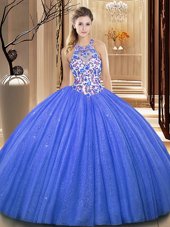 Modest Blue Sleeveless Organza Lace Up Quinceanera Dress for Military Ball and Sweet 16 and Quinceanera