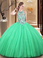 Flirting Green Tulle Lace Up High-neck Sleeveless Floor Length 15th Birthday Dress Lace and Appliques