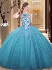 New Arrival High-neck Sleeveless Tulle Sweet 16 Dresses Lace and Appliques Lace Up