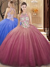 Adorable Watermelon Red High-neck Lace Up Lace and Appliques Sweet 16 Quinceanera Dress Sleeveless