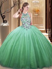 Wonderful Green Tulle Lace Up Sweet 16 Dress Sleeveless Floor Length Lace and Appliques