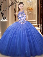 Blue V-neck Lace Up Lace and Appliques Quince Ball Gowns Sleeveless