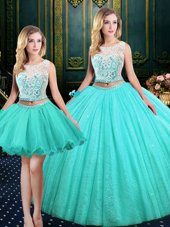 Designer Three Piece Blue Scoop Lace Up Lace and Sequins Quinceanera Dresses Sleeveless
