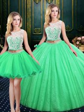 Customized Three Piece Scoop Sleeveless Lace and Sequins Lace Up Sweet 16 Quinceanera Dress