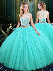 Elegant Tulle and Sequined Scoop Sleeveless Lace Up Lace and Sequins Sweet 16 Quinceanera Dress in Blue