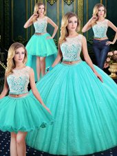 Custom Designed Four Piece Blue Tulle and Sequined Lace Up Scoop Sleeveless Floor Length Sweet 16 Quinceanera Dress Lace and Sequins