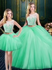 Three Piece Scoop Apple Green Lace Up 15th Birthday Dress Lace and Pick Ups Sleeveless Floor Length