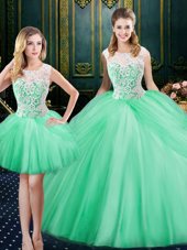 Three Piece Scoop Apple Green Sleeveless Floor Length Lace and Pick Ups Lace Up Sweet 16 Quinceanera Dress