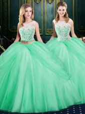 Flirting Scoop Sleeveless Tulle Floor Length Zipper Sweet 16 Dresses in Apple Green for with Lace and Pick Ups