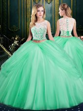 Hot Selling Scoop Apple Green Sleeveless Lace and Pick Ups Floor Length Quinceanera Dress