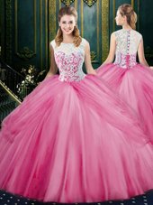 Nice Scoop Pick Ups Floor Length Ball Gowns Sleeveless Rose Pink Ball Gown Prom Dress Zipper