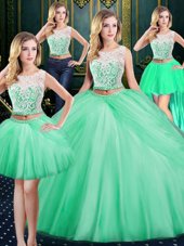 Super Four Piece Scoop Lace and Pick Ups Sweet 16 Dresses Apple Green Zipper Sleeveless Floor Length
