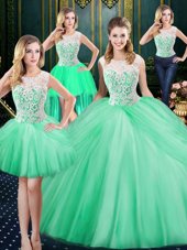 Charming Four Piece Apple Green Ball Gowns Tulle Scoop Sleeveless Lace and Pick Ups Floor Length Zipper Sweet 16 Quinceanera Dress