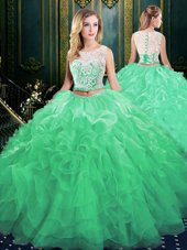 Clearance Scoop Green Organza Zipper Quinceanera Gowns Sleeveless Court Train Lace and Appliques and Ruffles