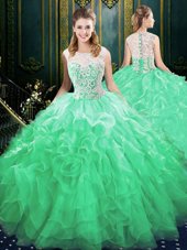 Sweet Scoop Green Sleeveless Brush Train Appliques and Ruffles Quinceanera Dresses