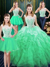 Noble Four Piece Green Sweet 16 Dress Military Ball and Sweet 16 and Quinceanera and For with Lace and Ruffles Scoop Sleeveless Zipper
