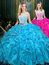 Fashionable Scoop Baby Blue Two Pieces Lace and Ruffles 15 Quinceanera Dress Zipper Organza Sleeveless Floor Length