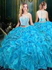 Simple Scoop Sleeveless Organza Floor Length Zipper Vestidos de Quinceanera in Baby Blue for with Lace and Ruffles