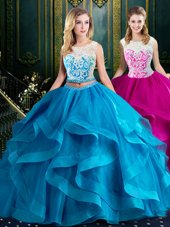 Stunning Scoop Sleeveless With Train Lace and Ruffles Zipper Ball Gown Prom Dress with Baby Blue Brush Train