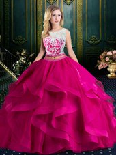 Admirable Fuchsia Lace Up Scoop Lace and Ruffles Quinceanera Dresses Tulle Sleeveless Brush Train