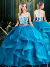 Pretty Baby Blue Two Pieces Scoop Sleeveless Tulle With Brush Train Zipper Lace and Ruffles Sweet 16 Quinceanera Dress