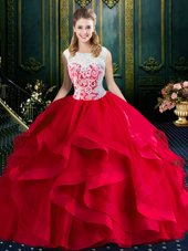 Most Popular Square With Train Ball Gowns Sleeveless Red Quinceanera Dresses Brush Train Zipper