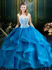 Fantastic Scoop Baby Blue Sleeveless Brush Train Lace With Train Quince Ball Gowns