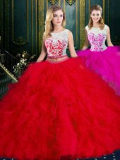 Most Popular Scoop Red Ball Gowns Lace and Ruffles Quinceanera Gowns Zipper Tulle Sleeveless Floor Length