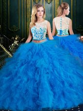 Low Price Blue Vestidos de Quinceanera Military Ball and Sweet 16 and Quinceanera and For with Lace and Ruffles Scoop Sleeveless Zipper