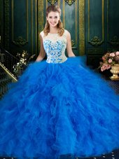 Glittering Blue Tulle Zipper Scoop Sleeveless Floor Length Quince Ball Gowns Lace and Ruffles