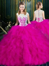 Cute Scoop Sleeveless Floor Length Lace and Ruffles Zipper Sweet 16 Dress with Fuchsia