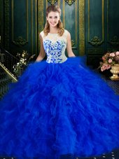 Glamorous Royal Blue Ball Gowns Tulle Scoop Sleeveless Lace and Ruffles Floor Length Zipper Sweet 16 Dress