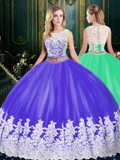 Romantic Scoop Purple Two Pieces Lace and Appliques Quinceanera Dresses Zipper Tulle Sleeveless Floor Length