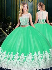 Apple Green Tulle Zipper Scoop Sleeveless Floor Length Quinceanera Dresses Lace and Appliques