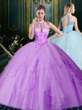 Cute Halter Top Lavender Sleeveless Tulle Lace Up Vestidos de Quinceanera for Military Ball and Sweet 16 and Quinceanera