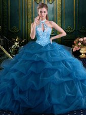 Fashion Halter Top Navy Blue Sleeveless Floor Length Beading and Pick Ups Lace Up Quince Ball Gowns