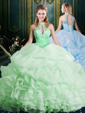 Fancy Organza Halter Top Sleeveless Brush Train Lace Up Beading and Lace and Appliques and Ruffles and Pick Ups Quinceanera Gown in