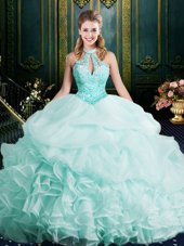 Beauteous Halter Top Apple Green Ball Gowns Beading and Lace and Ruffles Quince Ball Gowns Clasp Handle Organza Sleeveless