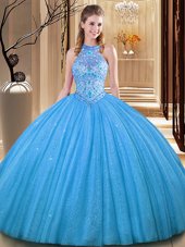 Sleeveless Floor Length Embroidery Backless Sweet 16 Quinceanera Dress with Baby Blue