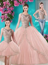 Flare Three Piece Scoop Sleeveless Tulle Floor Length Lace Up Quinceanera Dresses in Peach for with Beading and Appliques