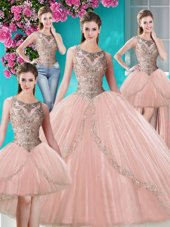Perfect Four Piece Scoop Floor Length Lace Up Quinceanera Gown Peach and In for Military Ball and Sweet 16 and Quinceanera with Beading and Appliques