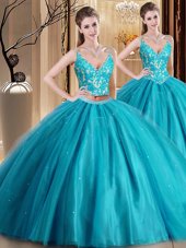 Hot Sale Floor Length Teal 15th Birthday Dress Tulle Sleeveless Beading and Lace and Appliques