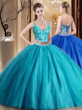 Chic Teal Sweet 16 Quinceanera Dress Military Ball and Sweet 16 and Quinceanera and For with Beading and Lace and Appliques Spaghetti Straps Sleeveless Lace Up