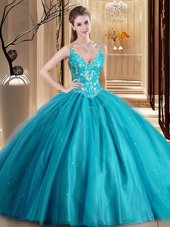 Exquisite Teal Ball Gowns Spaghetti Straps Sleeveless Tulle Floor Length Lace Up Beading and Lace and Appliques Sweet 16 Quinceanera Dress