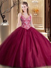 Unique Burgundy Spaghetti Straps Lace Up Beading and Lace and Appliques Quinceanera Gowns Sleeveless