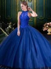 Low Price Navy Blue High-neck Lace Up Appliques Sweet 16 Dress Sleeveless