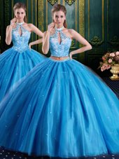 High Quality Baby Blue Two Pieces Tulle High-neck Sleeveless Beading and Appliques Floor Length Lace Up Quinceanera Gowns
