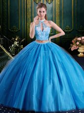 Cheap Halter Top Floor Length Lace Up Ball Gown Prom Dress Baby Blue and In for Military Ball and Sweet 16 and Quinceanera with Beading and Lace and Appliques